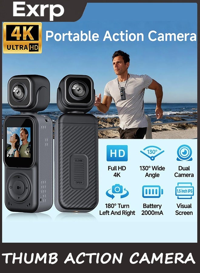 Exrp كاميرا العمل الإبهام ، كاميرا الجسم 4K ، حجم صغير ، كاميرا العمل المحمولة مزدوجة العدسة HD 180 درجة تدور ، كاميرا الجسم الصغيرة مع واي فاي ، Vlogging المحمولة ، لركوب الدراجات المشي لمسافات طويلة في الهواء الطلق ، 32 جيجا بايت متضمنة - Image 2